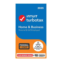 TurboTax Home & Business 2025 software box with federal + state download icon