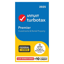 TurboTax Premier 2025 tax software box for Federal + State, Investments & Rental Property