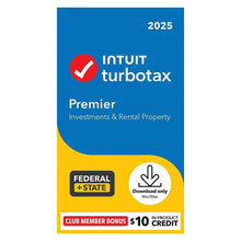 TurboTax Premier 2025 tax software box with Intuit logo, Federal + State download