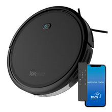 Black robot vacuum cleaner with round top and front brush, Wi-Fi app remote control visible