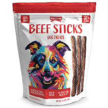 Irish Rover Beef Sticks dog treats pouch with colorful dog artwork and 30+ sticks.