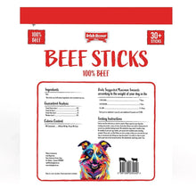 Irish Rover Beef Sticks dog treats package back with ingredients and feeding info.