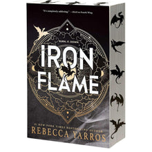 Paperback novel with dark cover, illustrated dragon and gold lettering Iron Flame