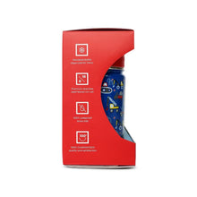 Insulated kids water bottle in red box, blue bottle with robot pattern and blue cap
