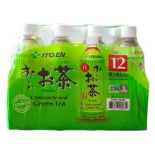 12-pack unsweetened green tea bottles with green label and white caps