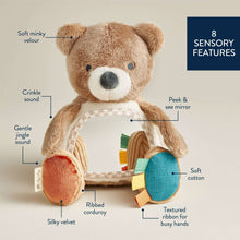 Bear sensory tummy time toy with mirror panel and multiple textured fabric features