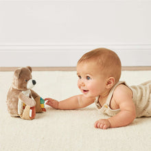 Baby reaching toward bear sensory tummy time toy with mirror panel