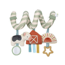 Spiral farm car seat and stroller toy with striped arches and animal plush attachments