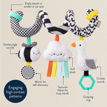 Stroller toy with mirror, crinkle fabric, grasping ring, and textured plush parts