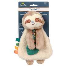 Plush sloth toy with cream fuzzy body, embroidered face, and teal teether accessory