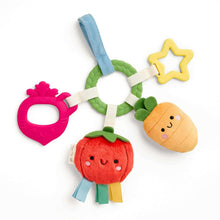 Plush busy ring activity toy with beet, tomato, star teether and carrot-shaped plush