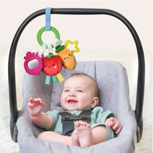 Baby in car seat with plush busy ring activity toy featuring beet, tomato, carrot and star