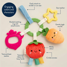 Plush busy ring activity toy with pink beet teether, tomato crinkle plush, carrot and star