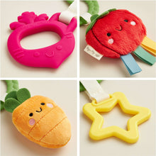 Close-up set: pink beet teether, red tomato plush, orange carrot plush and yellow star