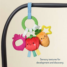 Plush busy ring activity toy hanging from stroller bar: beet, tomato, carrot and star