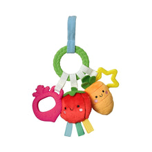 Plush busy ring activity toy with beet, tomato, star teether and crinkle accents
