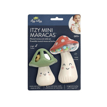 Itzy Mini Maracas musical rattle set box with green and red mushroom rattles