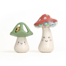 Mushroom musical rattle toy set in green and red, with clear bead window