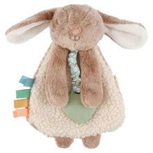 Taupe plush bunny lovey with long ears, ribbon crinkle center, and mint heart bib