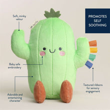 Green cactus plush with smiling face, soft velour body, and textured sensory ribbon details