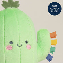 Green cactus plush close-up with smiling face and stitched fabric ribbons on side arm