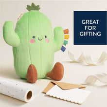 Green cactus plush toy with smiling face, brown plush feet, and multicolor sensory ribbons
