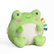 Green frog plush with white belly, stitched smile, and dangling multicolor ribbon tags