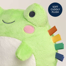 Green frog plush close-up with embroidered eyes, pink cheeks, and ribbon sensory panel