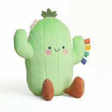 Green cactus plush with smiling face, curled arms, fabric tag, multicolor sensory ribbons