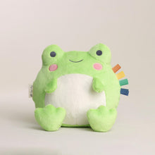 Green frog plush with white belly, embroidered eyes and pink cheek details