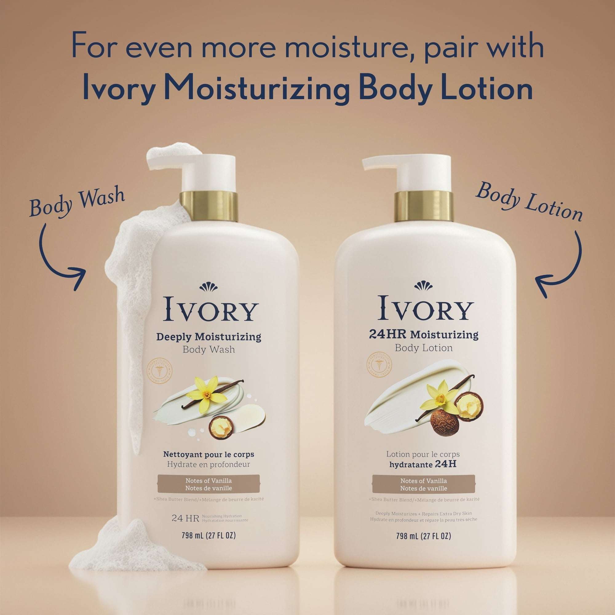 Ivory Deeply Moisturizing Body Wash, Notes of Vanilla Scent, 798 ml
