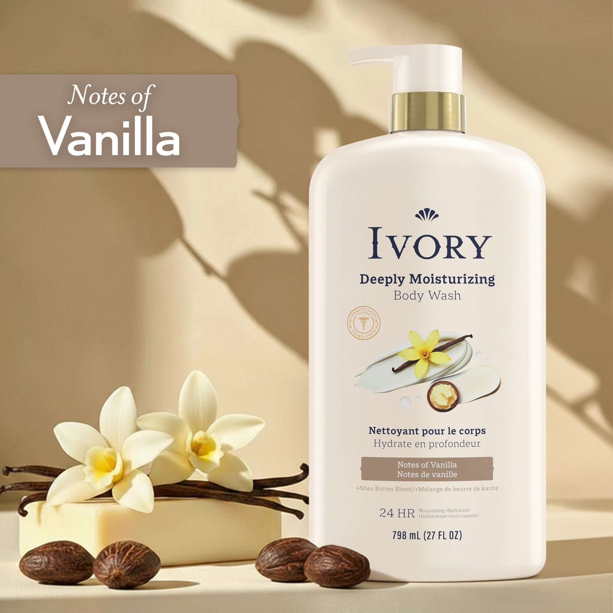Ivory Deeply Moisturizing Body Wash, Notes of Vanilla Scent, 798 ml