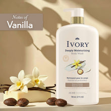 Ivory body wash bottle with gold pump, white label with vanilla flower art