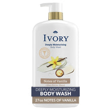 Ivory body wash bottle with gold pump, white front label with floral illustration