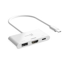 White 3-port USB-C hub with USB-A and HDMI ports and USB-C power connector
