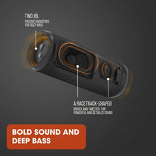 JBL Flip 6 speaker cutaway showing internal driver and two passive radiators.