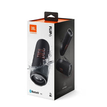 JBL Flip 6 portable speaker retail box with product images and Bluetooth icon.
