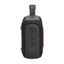 Black JBL portable Bluetooth speaker front with control icons and fabric texture
