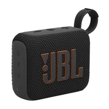 Black JBL portable Bluetooth speaker with fabric grille, carrying loop, and orange JBL logo