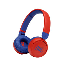 Red and blue kids on-ear headphones with padded ear cushions and JBL logo