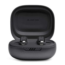 Wireless earbuds charging case with earbuds seated inside, black