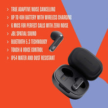 Black wireless earbuds with open charging case and one earbud outside the cradle