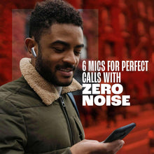 Wireless earbuds worn in ear with slim stem and JBL logo