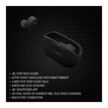 Black charging case with earbuds, green status light on lid