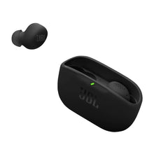 Black charging case with one earbud partially removed