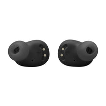 Pair of black true wireless earbuds showing microphone vents and markings