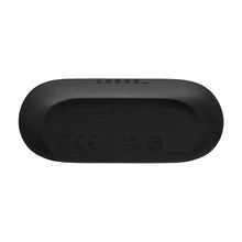 Black true wireless earbuds charging case, rear label and status icons visible.
