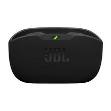 Black charging case front with JBL logo and green status light