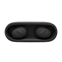 Pair of black earbuds seated inside a charging case