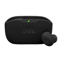 Black charging case with one true wireless earbud, JBL logo on case